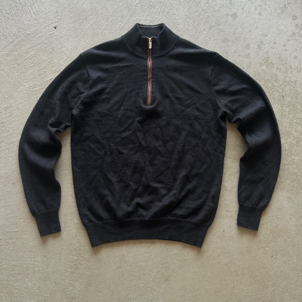 Peter Millar Autumn Crest Suede Trim Quarter-Zip Sweater Size Small Black Wool